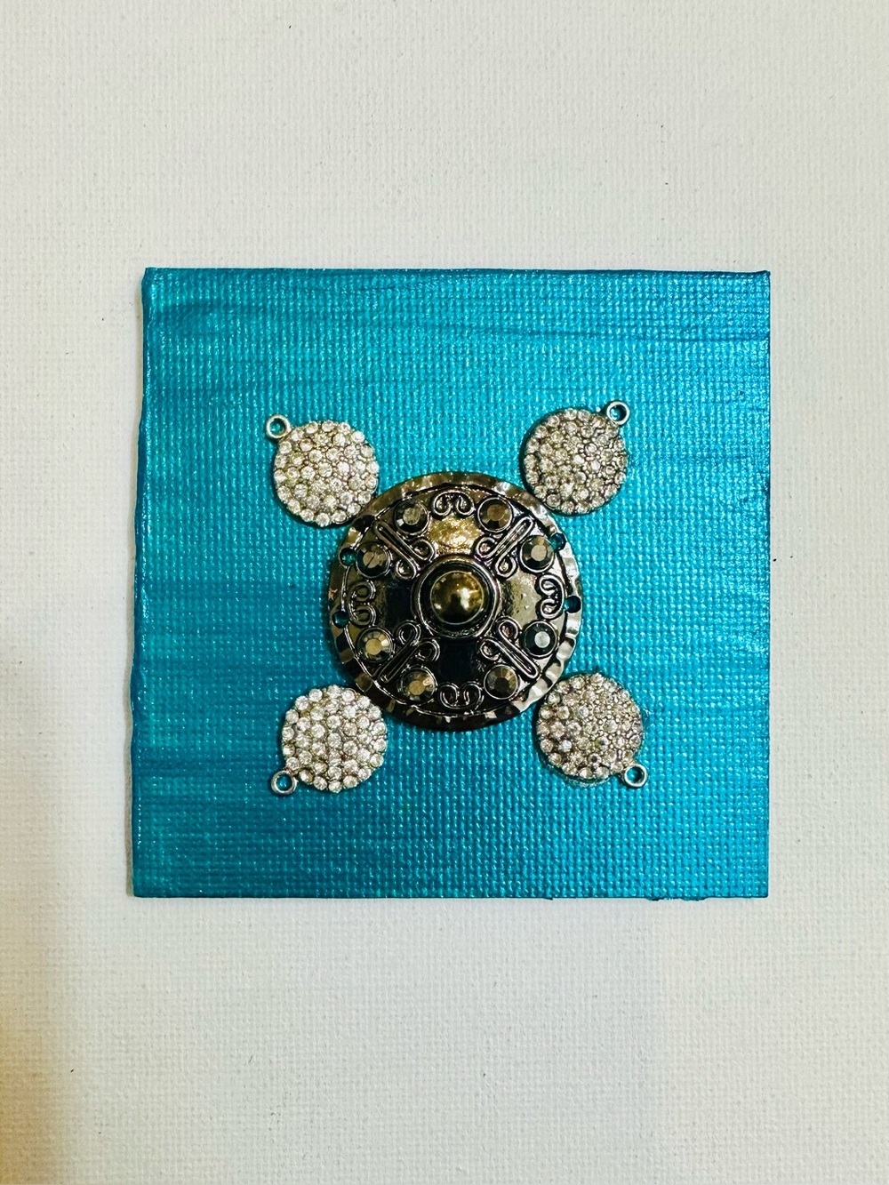 Handmade 3x3 Mixed Media Magnet Turquoise Silver Rhinestone Art
